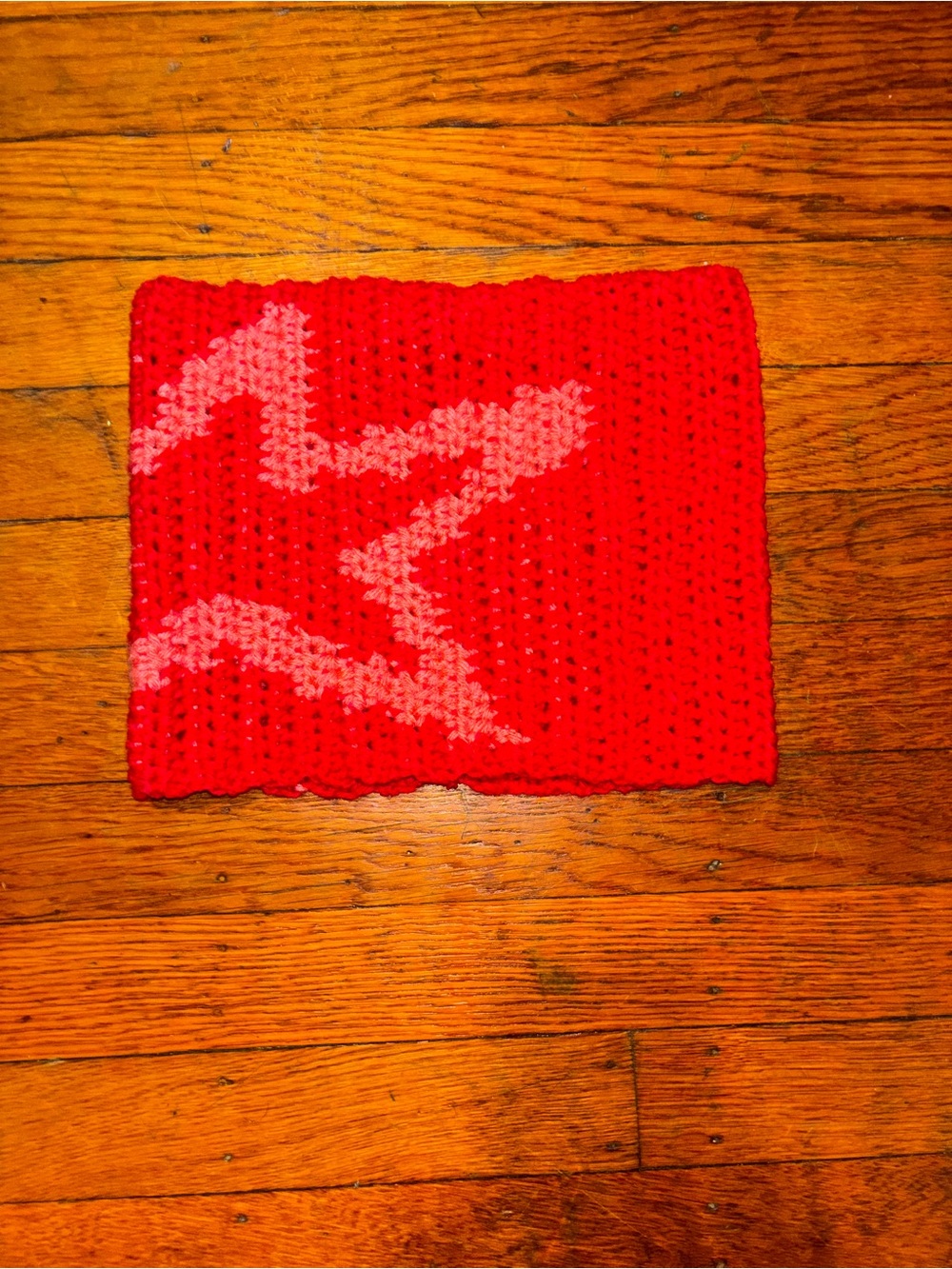 Red Crocheted Cat Ear beanie with Light Pink Star Accent